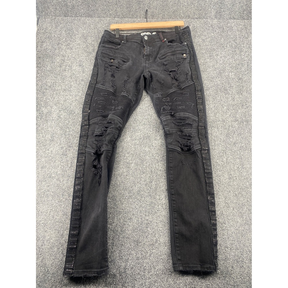 PREME Biker Jeans Mens 34x33 Black Distressed Moto Rhinestone Slim Denim Pants